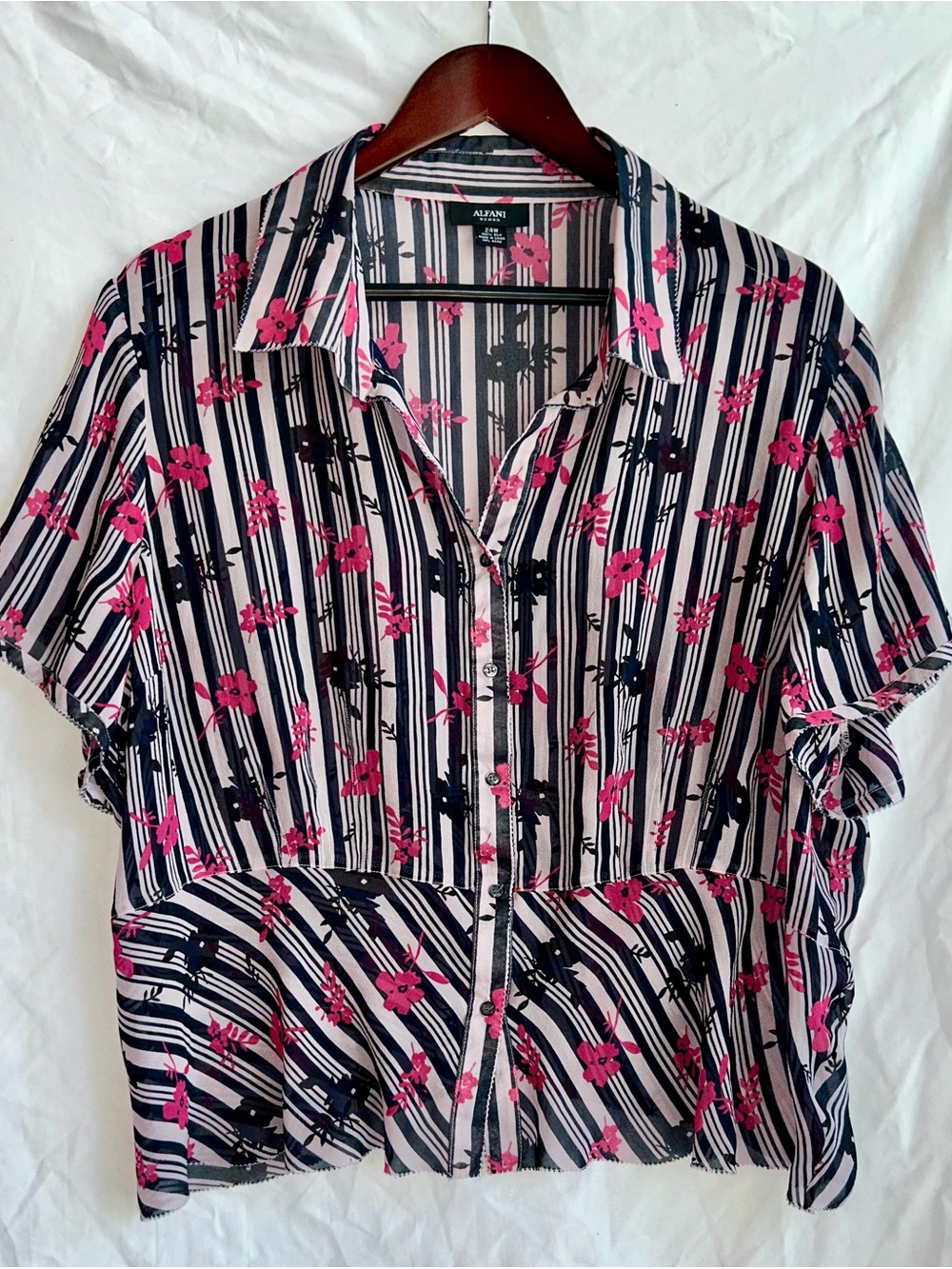 Alfani Navy & Hot Pink Floral Stripe Button-Front Blouse